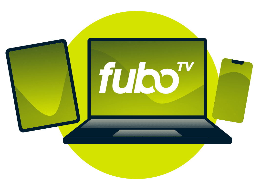 ノートパソコン、タブレット、スマホに、fuboTVのロゴが入っています。
