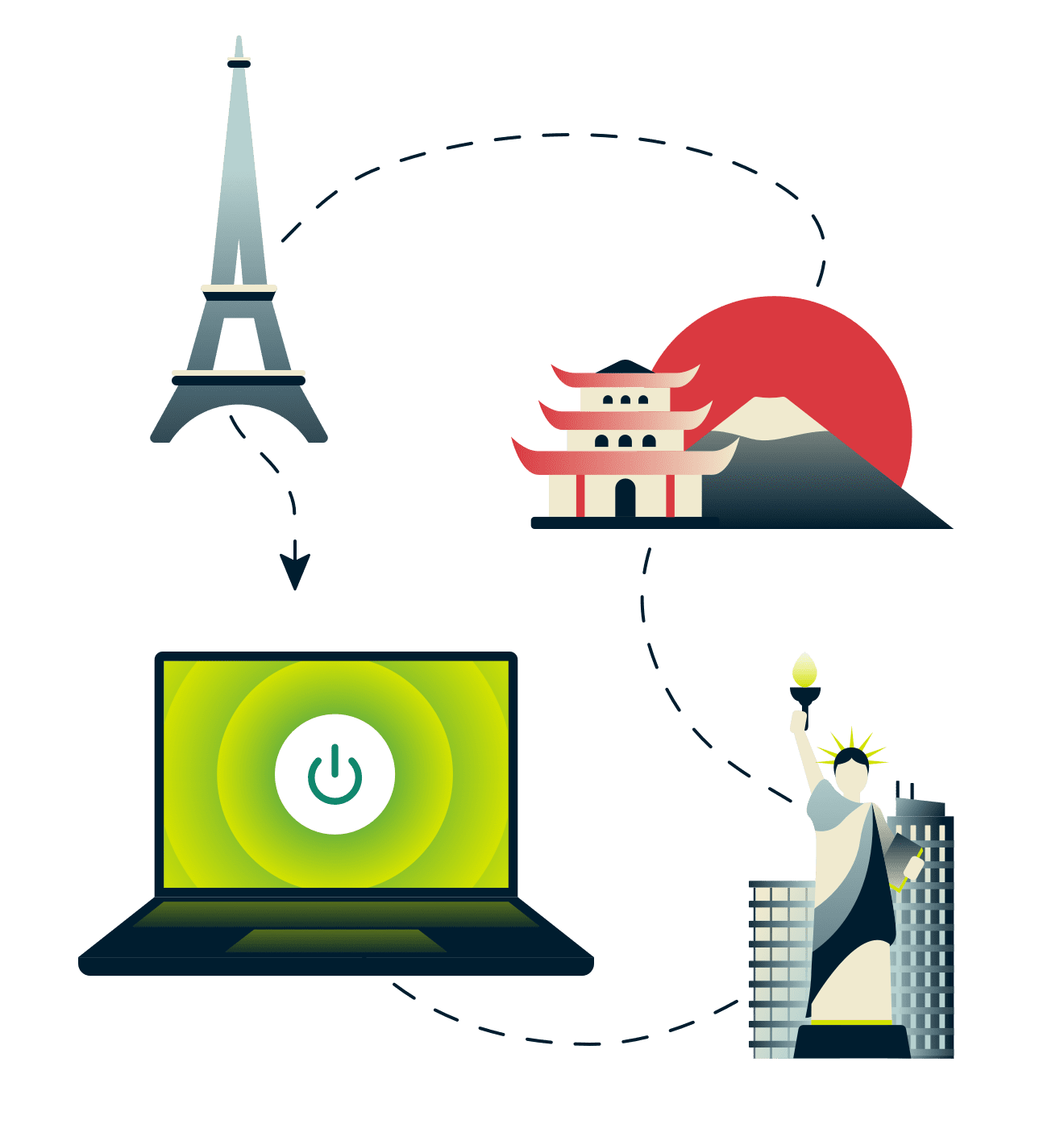 Eiffel-torni, Fuji-vuori, Vapaudenpatsas sekä tietokone yhdistettynä VPN:ään.